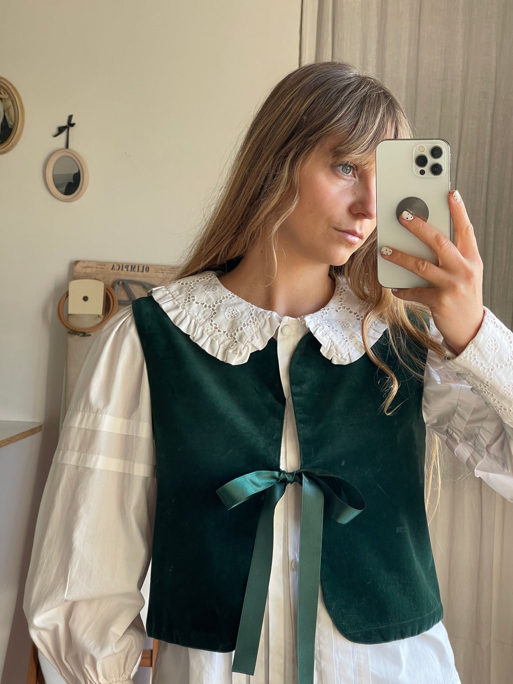 Gilet velluto verde e toile de jouy