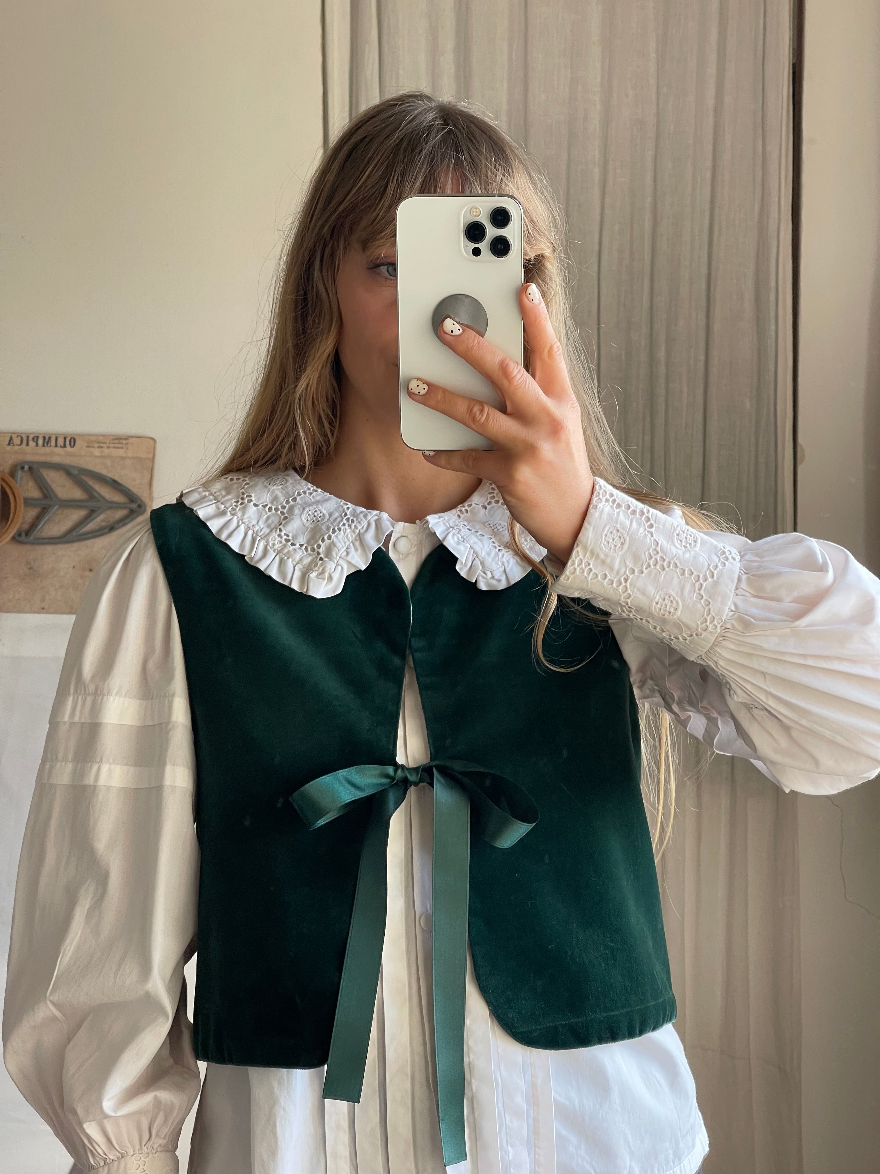 Gilet velluto verde e toile de jouy