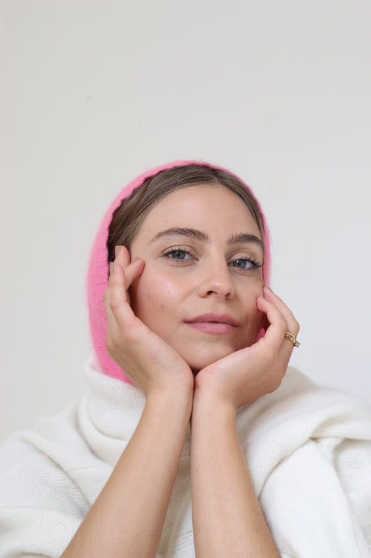 Fluffy pink balaclava with buttons